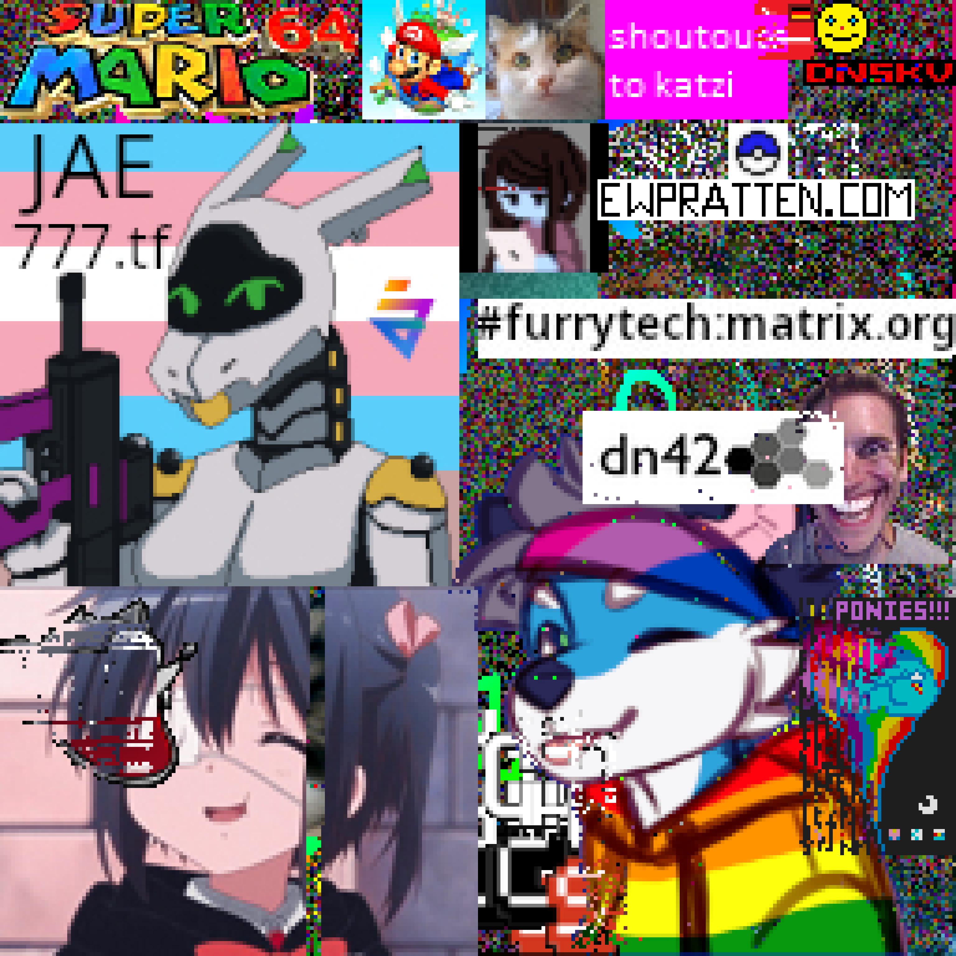 Pixelated canvas with: a Super Mario 64 logo, a big trans flag with Jae the Synth, an image of a husky in a LGBT hoodie and various texts and smaller images around.