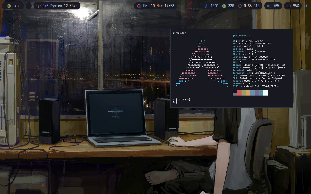 Screenshot of i3 with a floating terminal window showing the result of hyfetch and on the background, various computers and a city at night through the window.